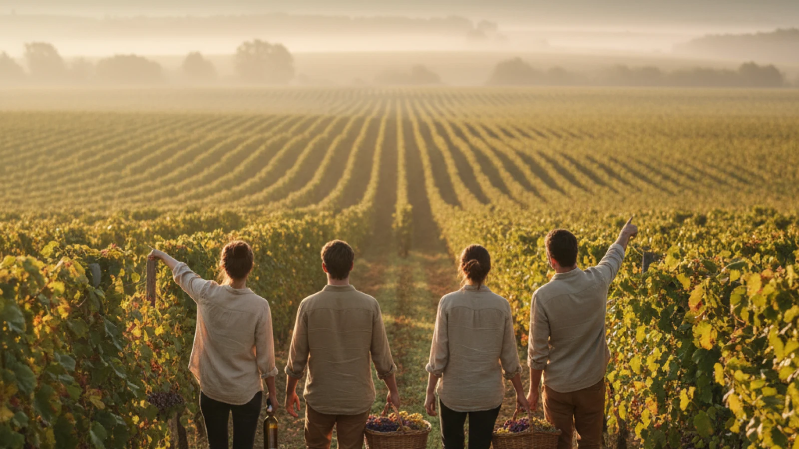 Les fondateurs de Wine's Club marchant dans un vignoble au lever du soleil