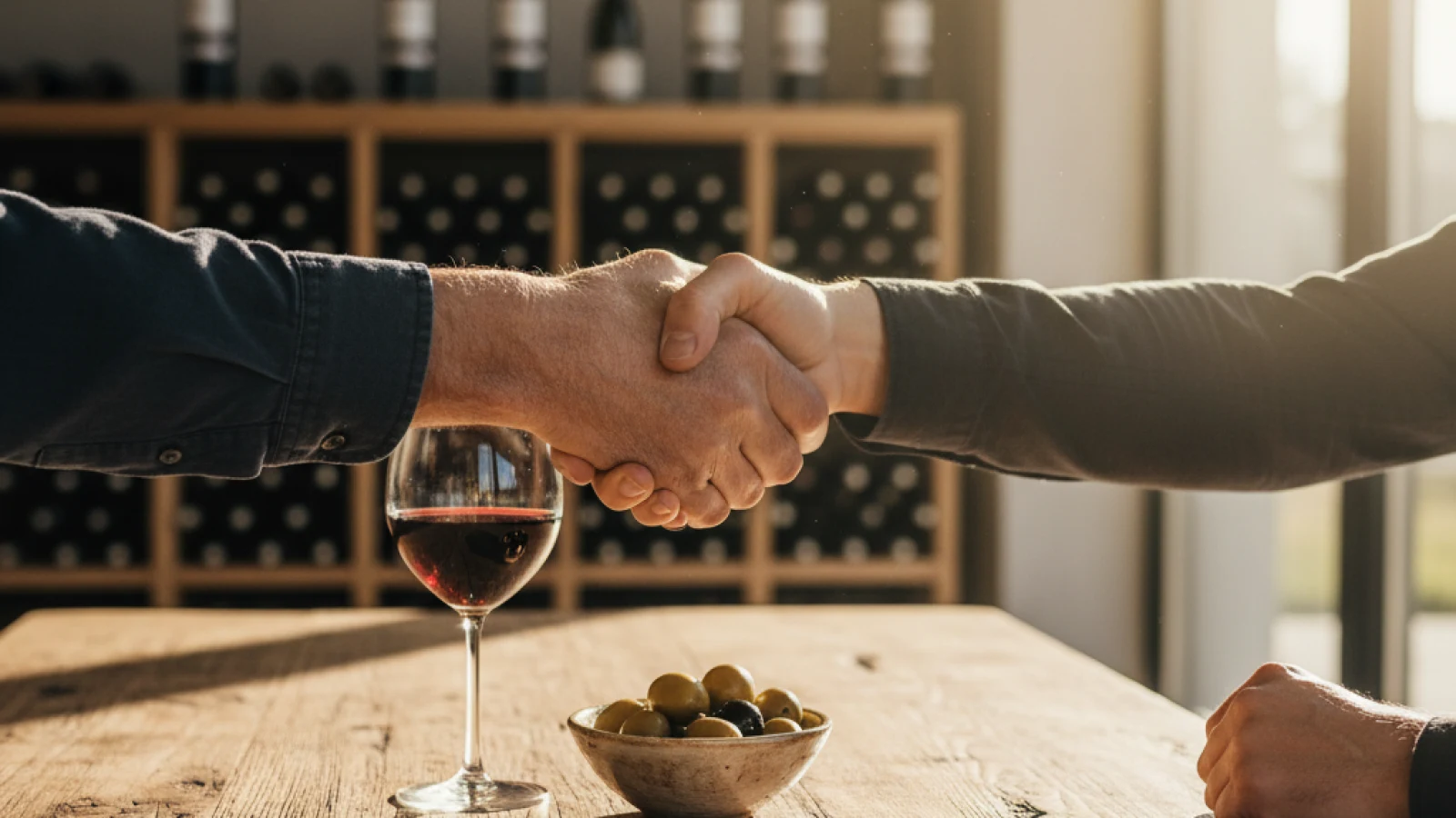Poignée de main entre acheteur et vigneron sur une table en chêne